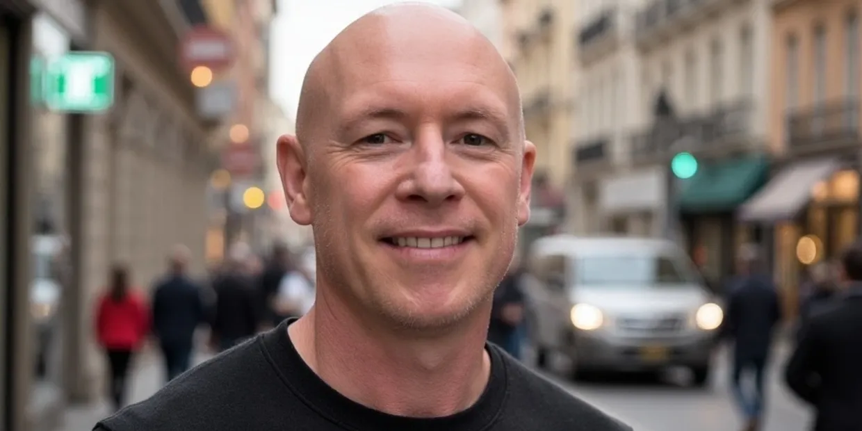 Smiling bald man in a black shirt, with a busy street and pedestrians in the background.