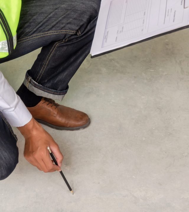 Person in a reflective vest crouching, marking a spot on a concrete floor with a pencil.