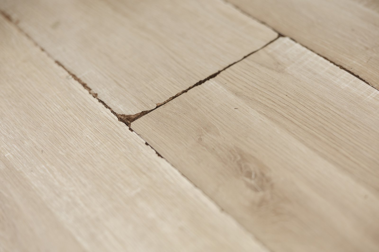 Light-colored wooden flooring showing a visible crack between the planks.