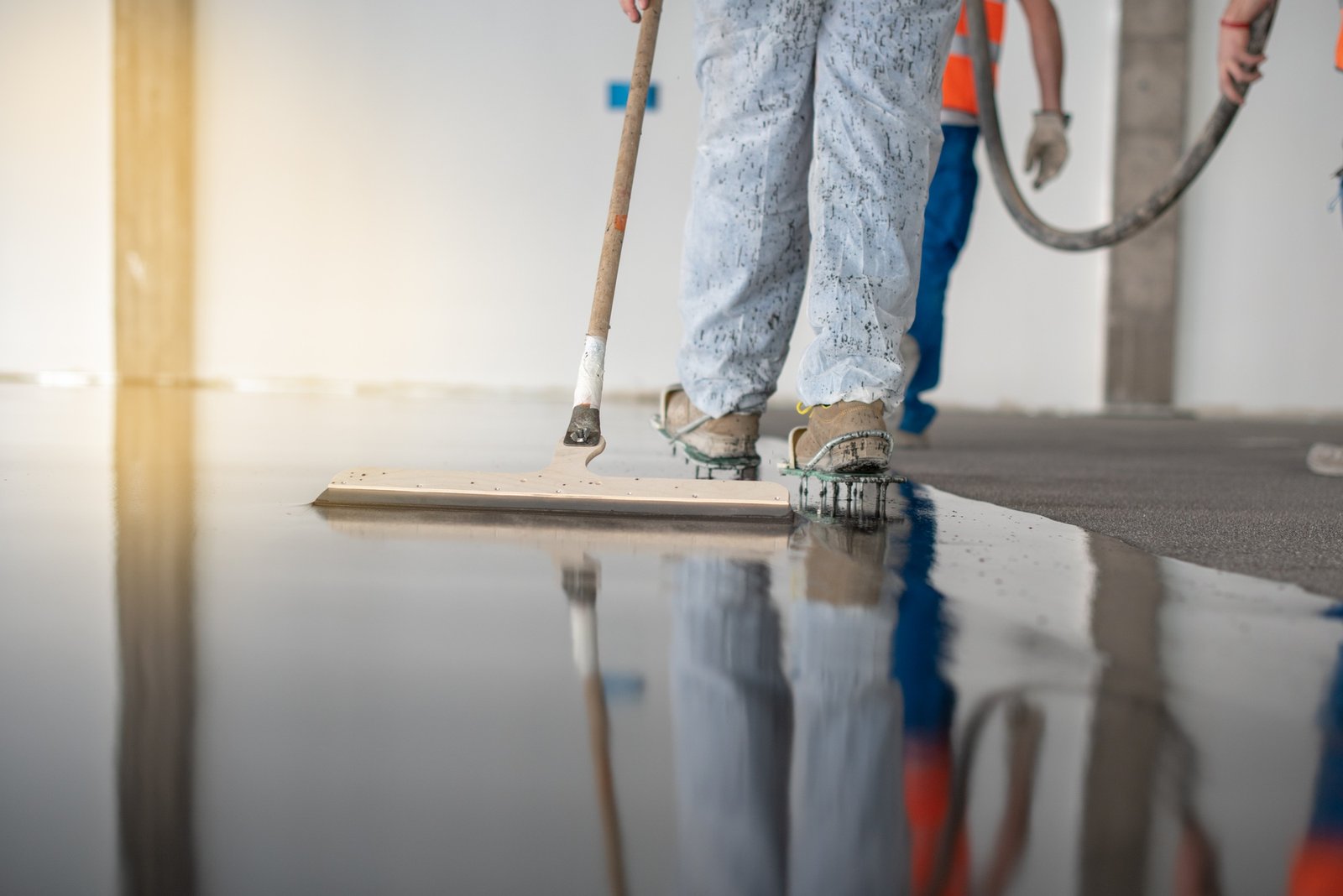 Workers applying a smooth layer of concrete to a polished floor using a long-handled trowel.