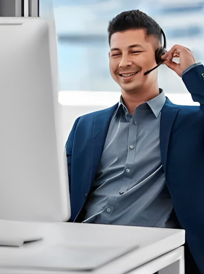Man in a blue blazer and headset smiles while seated at a desk with a computer.